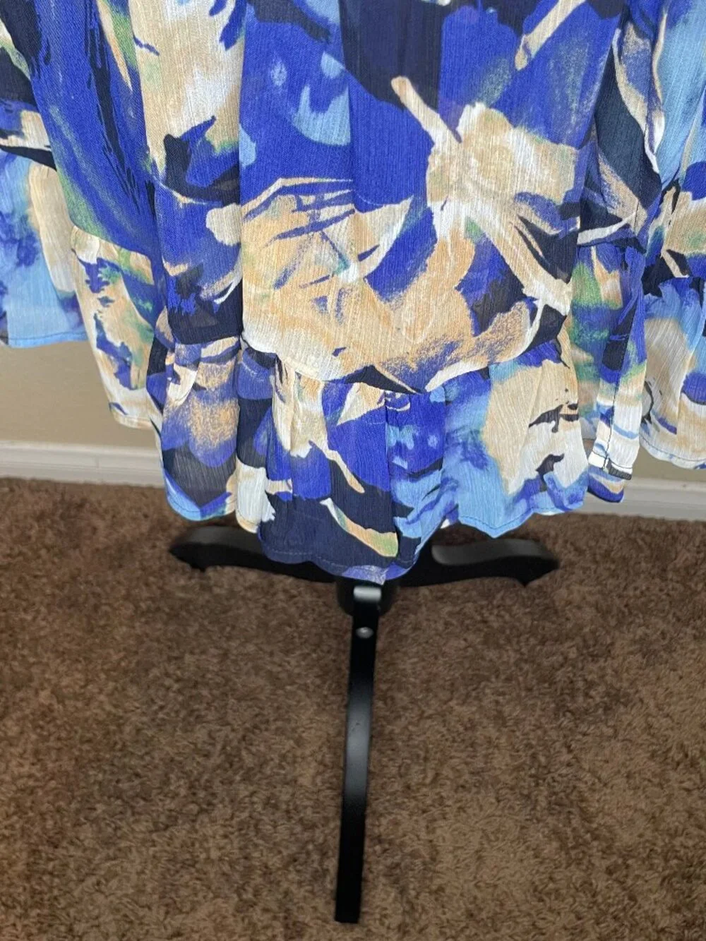 LOVESTITCH Boho Chiffon Halter Dress Blue Floral Surplice Wrap Flounce Trim L - Picture 5 of 15
